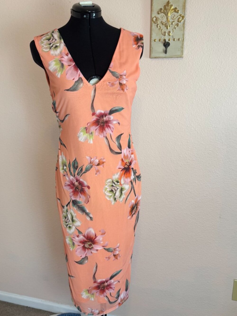 Spring Wedding Floral Mesh Sleeveless Midi Dress AFRM Ariana Peach V-Neck sz. M